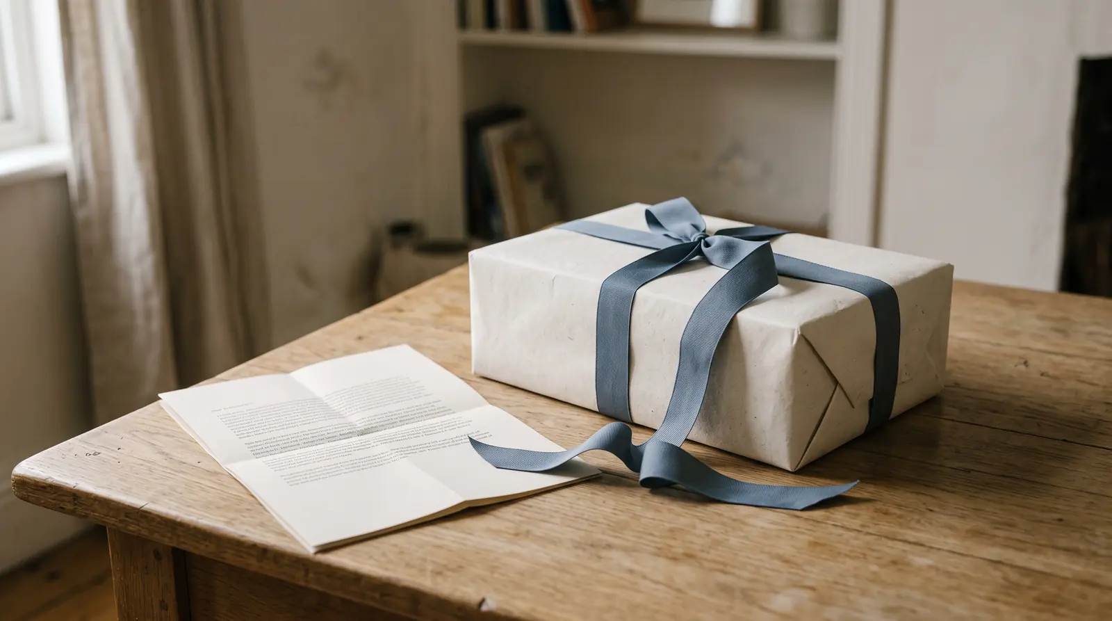 A wrapped gift box with its ribbon already loosened, next to a folded sheet of terms and conditions turned face down.