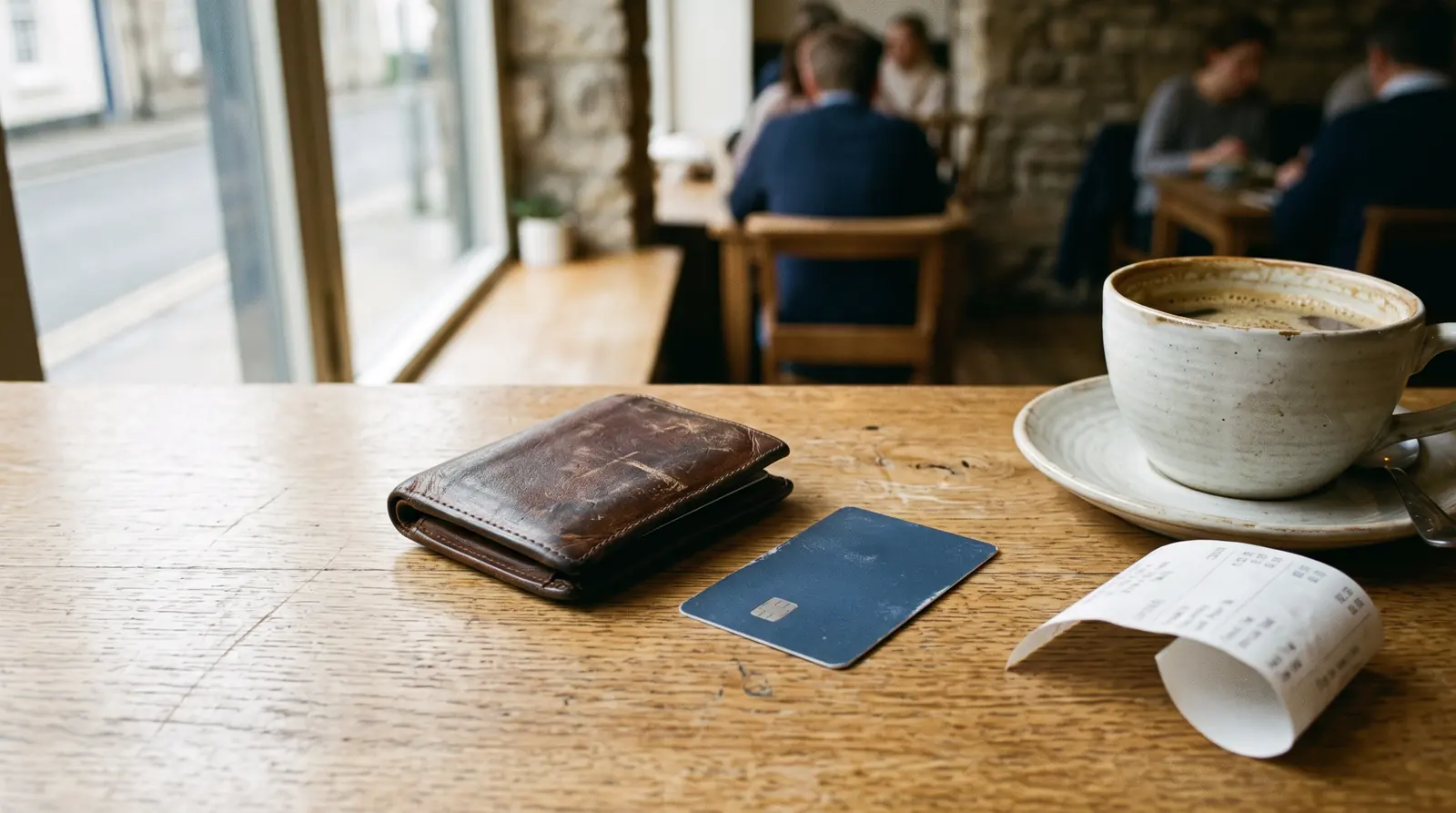 A worn leather wallet and a plain unbranded bank card on a cafe table, beside a coffee cup and a curling paper receipt.