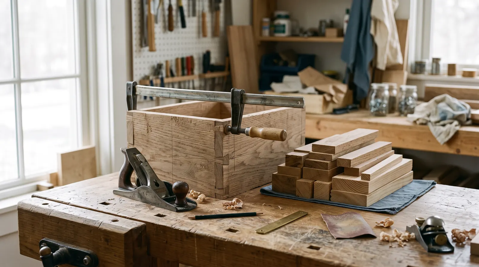 A workbench in soft light with a partly built wooden box, a clamp holding a joint, and neatly stacked offcuts.