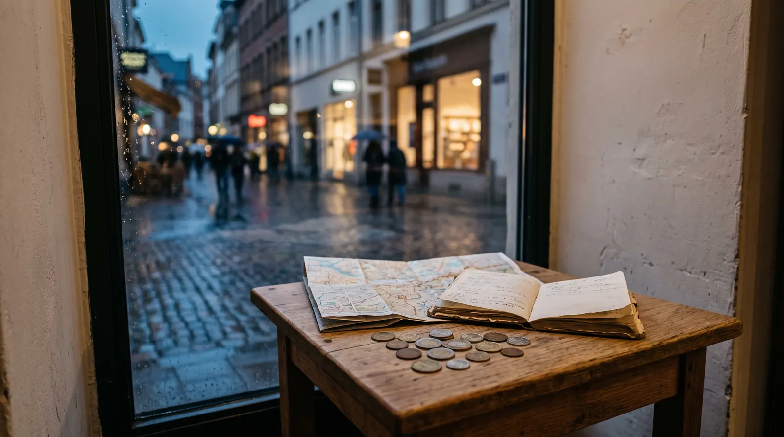 A small wooden table by a window at dusk with a folded paper map, an open notebook and a scatter of mixed foreign coins, a wet cobbled street outside.