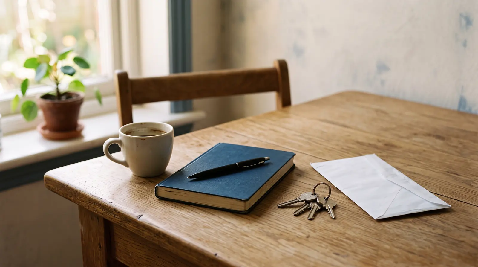 A kitchen table in morning light with a cup of coffee, a pen on a closed notebook, house keys and a plain unopened bank envelope.