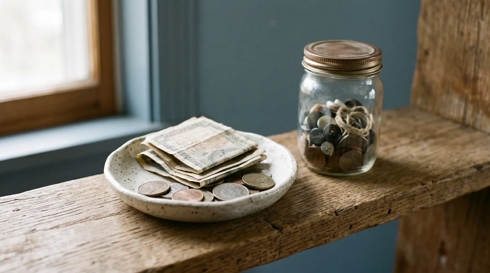 A shallow ceramic dish of folded banknotes and coins on a wooden shelf beside a sealed glass jar, in soft daylight.